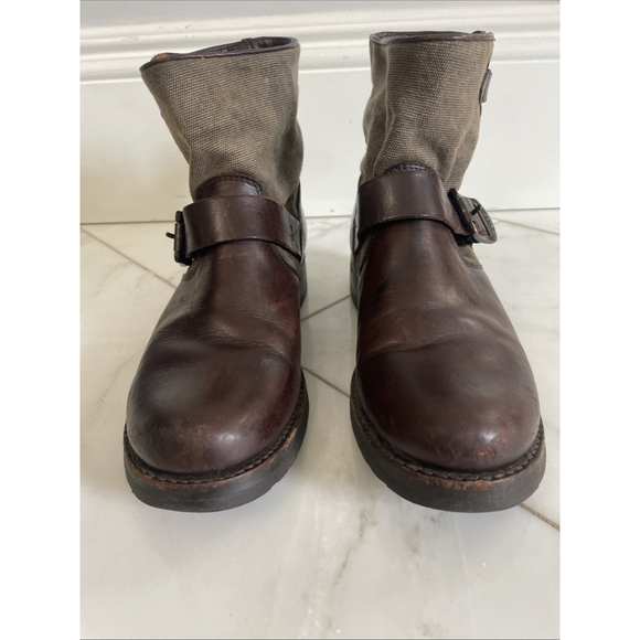 Frye, Women’s 7.5, Dark Brown Chocolate Leather And Canvas Low Buckle Ankle Boot - Picture 2 of 11